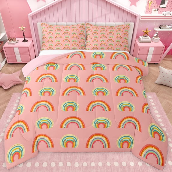 jejeloiu Boho Rainbow Queen Comforter Set,Cute Kawaii Rainbows Bedding Comforter Set For Girls Teens Reversible 3 Pieces