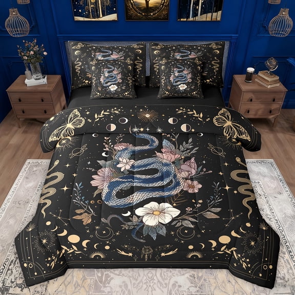 jejeloiu Boho Snake 7 Pieces Bedding Comforter Set,Bohemian Exotic Style Full Bedding Set,Retro Rustic Floral Fitted Sheet Flat Sheet For Teens,Super Cozy Room Decor Reversible