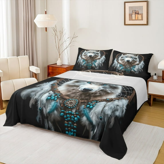 jejeloiu Boho Style Dreamcatcher Queen Sheet Sets,Woodland Animal Wolf Flat Sheet,Howling Wolves Queen Fitted Sheet For Kids Boys,Microfiber Bedroom Decor,4pcs