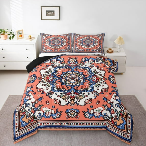jejeloiu Boho Theme Full Size Comforter Sets,Retro Damask Print Bedding Comforter Set,Orange White Mandala Bedding Sets For Child,Breathable Home Decor Reversible,3 Pieces
