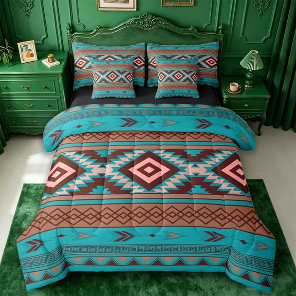 jejeloiu Boho Tribal 7 Pieces Full Size Bedding Sets,Aztec Pattern Full Size Bed in a Bag For Boys,Teal Brown Black,Black Reversible