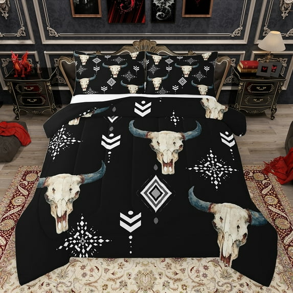 jejeloiu Boho Tribal Bedding Comforter Set,Rustic Bull Skull Twin Comforter Sets,Abstract Aztec Geometric Bedding Set For Men Women,Ultra Soft Home Decor Reversible,2-Piece