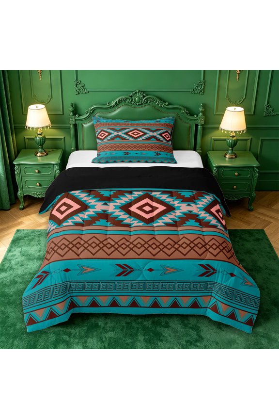 Boho Tribal Twin Comforter Sets,Aztec Pattern Bedding Set For Boys,Teal Brown Black,Black Reversible,2-Piece,1 Comforter and 1 Pillowcase