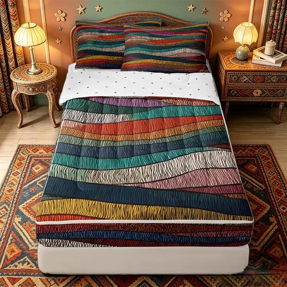 jejeloiu Bold Abstract Zipper Twin Comforter Sets with Fitted Sheet and 2 Pillowcases For Men Women,Dynamic Striped Zipper Bedding Set,Vivid Multicolor,Reversible,4 Pieces