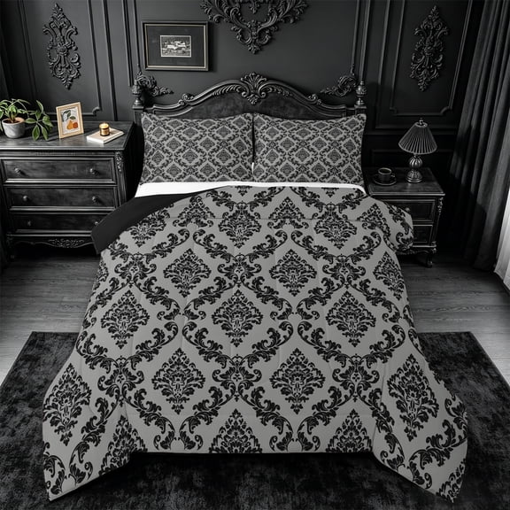 jejeloiu Bold Damask Queen Comforter Set,Retro Print Comforter Sets Queen For Adults,Black Gray,Black Reversible,3-Piece,1 Comforter and 2 Pillowcases