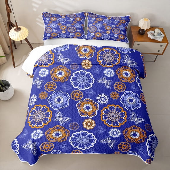 jejeloiu Bold Floral Quilt King For Men Women,Bohemian Pattern King Coverlet Set,Blue Orange,3 Pieces