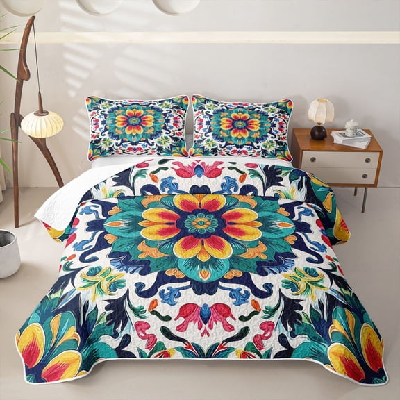 jejeloiu Bold Floral Twin Quilt Set For Men Women,Bright Mandala Twin Coverlet Set,Multicolor White,2pcs