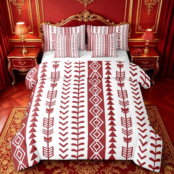 jejeloiu Bold Geometric 7-Piece Twin Bedding For Girls,Tribal Print Bedding Comforter Set,Red White,Reversible
