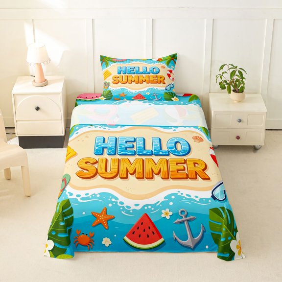 jejeloiu Bold Hello Summer Twin Sheets,Watermelon Anchor Print Bedding For Boys,Blue Orange,3-Piece,1 Fitted Sheet and 1 Pillowcase
