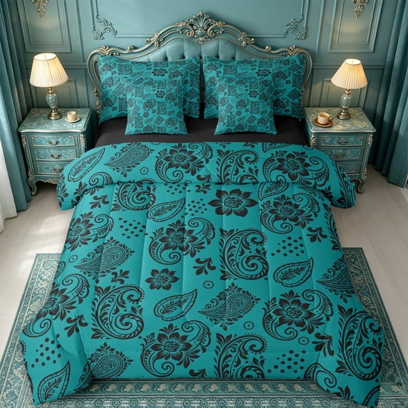 jejeloiu Bold Paisley 7pcs Queen Bedding For Men Women,Exotic Print Bedding Comforter Set Queen,Teal Black,Black Reversible