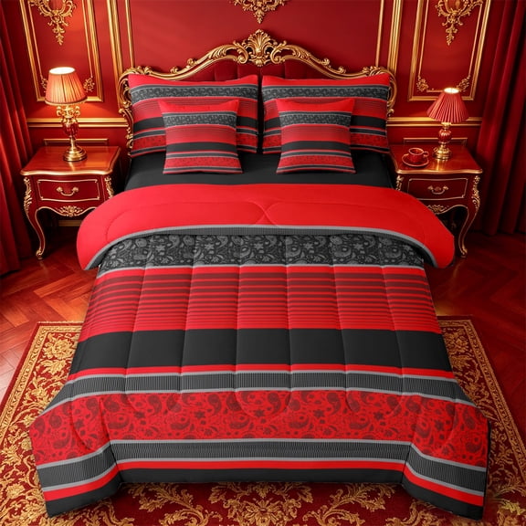 jejeloiu Bold Paisley 7pcs Queen Bedding For Men Women,Striped Print Bedding Comforter Set Queen,Red Black,Black Reversible
