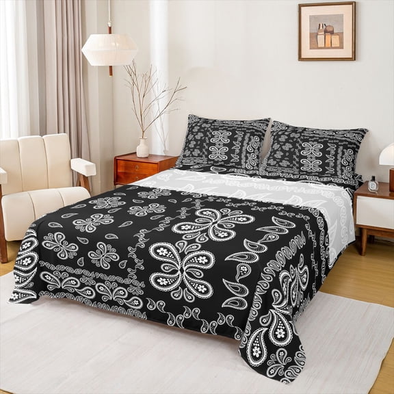 jejeloiu Bold Paisley Queen Sheets,Classic Flower Queen Sheet Sets For Adults,Black White,4 Pieces,1 Flat Sheet, 1 Fitted Sheet and 2 Pillowcases