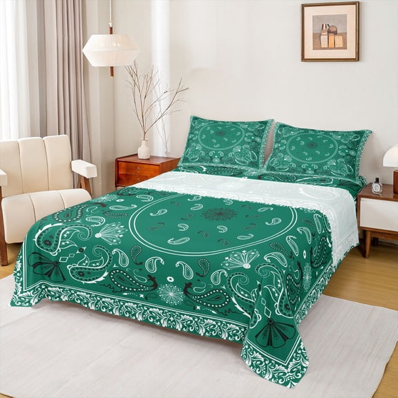 jejeloiu Bold Paisley Queen Sheets For Men Women,Western Pattern Queen Sheet Sets,Green White,4pcs,1 Flat Sheet, 1 Fitted Sheet and 2 Pillowcases