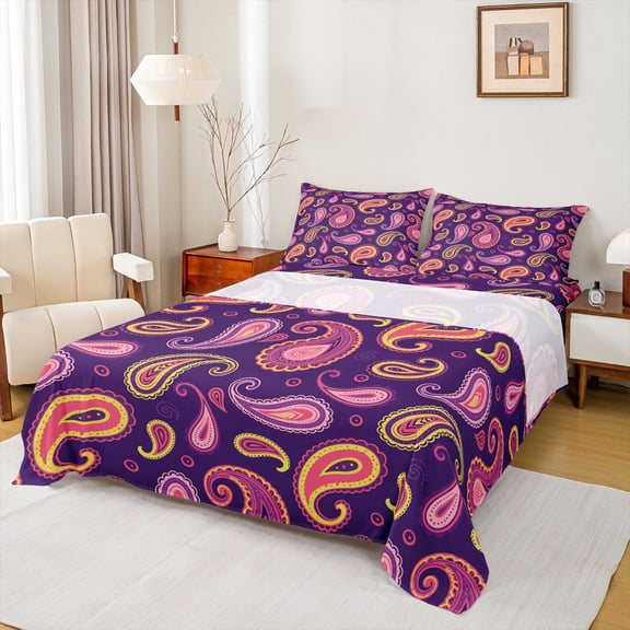 jejeloiu Bold Paisley Queen Sheets For Men Women,Bohemian Pattern Queen Sheet Sets,Purple Pink,4 Pieces,1 Flat Sheet, 1 Fitted Sheet and 2 Pillowcases