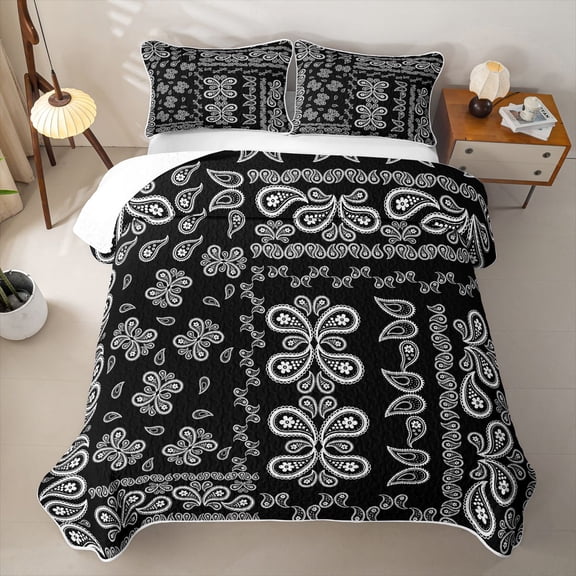 jejeloiu Bold Paisley Quilt Full,Classic Flower Full Bedspread Sets For Adults,Black White,3-Piece