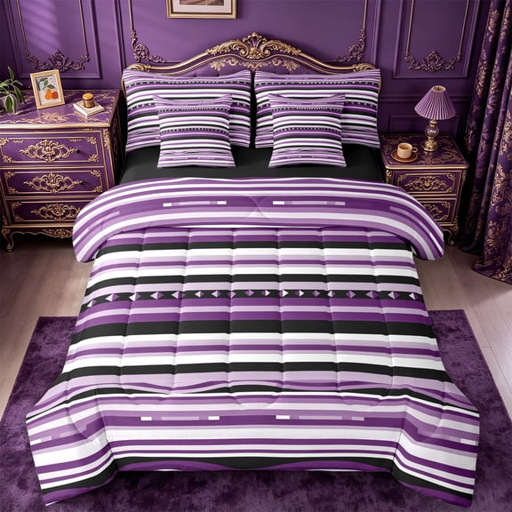 jejeloiu Bold Striped 7pcs Queen Bedding For Men Women,Rich Aztec Bedding Comforter Set Queen,Purple Black,Black Reversible