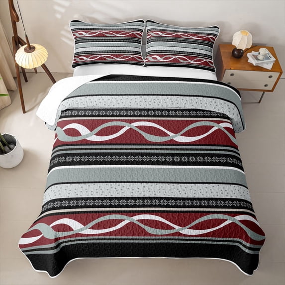 jejeloiu Bold Striped Bed Spread Queen,Fiesta Print Queen Coverlet Set For Boys,Red Gray,3 Pieces