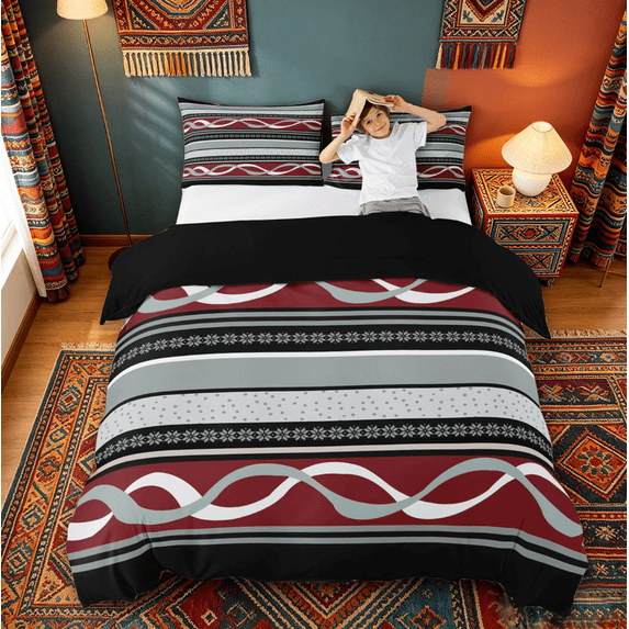 jejeloiu Bold Striped Bedding,Fiesta Print Duvet Cover Full For Boys,Red Gray,Black Reversible,3pcs,1 Duvet Cover and 2 Pillowcases