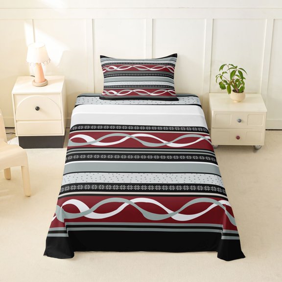 jejeloiu Bold Striped Twin Sheets,Fiesta Print Bedding For Boys,Red Gray,3 Pieces,1 Fitted Sheet and 1 Pillowcase