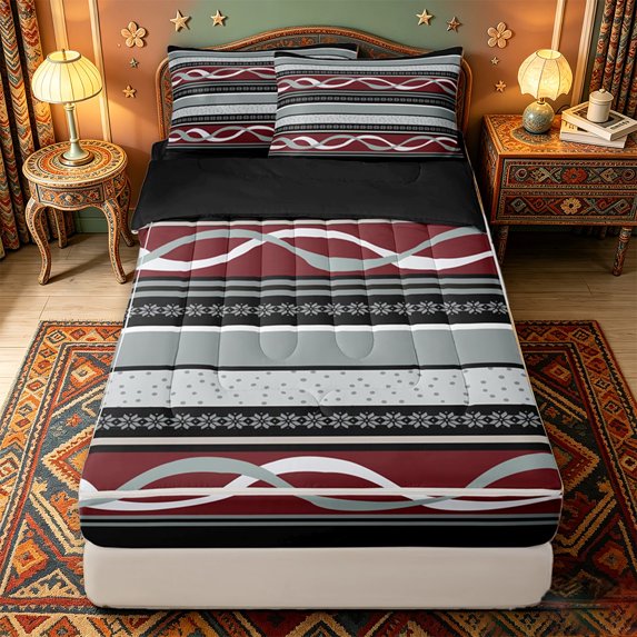 jejeloiu Bold Striped Zipper Twin Comforter Sets with Fitted Sheet and 2 Pillowcases,Fiesta Print Zipper Bedding Set For Boys,Red Gray,Black Reversible,4 Pieces