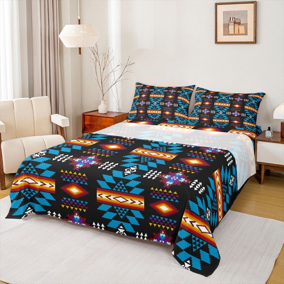 jejeloiu Bold Tribal Bed Sheets,Geometric Print Full Size Sheets For Boys,Black Multicolor,4 Pieces,1 Flat Sheet, 1 Fitted Sheet and 2 Pillowcases