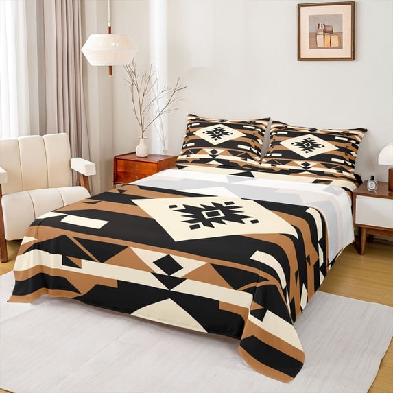 jejeloiu Bold Tribal Bed Sheets,Southwest Print Full Size Sheets For Boys,Black Tan,4pcs,1 Flat Sheet, 1 Fitted Sheet and 2 Pillowcases