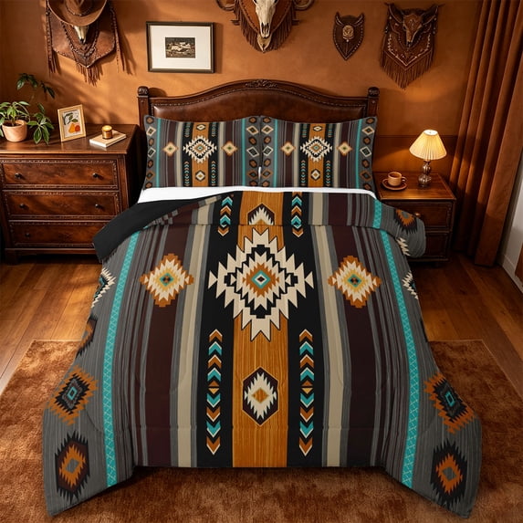 jejeloiu Bold Tribal Full Size Comforter Sets,Southwest Print Bedding Comforter Set For Boys,Black Brown,Black Reversible,3 Pieces,1 Comforter and 2 Pillowcases