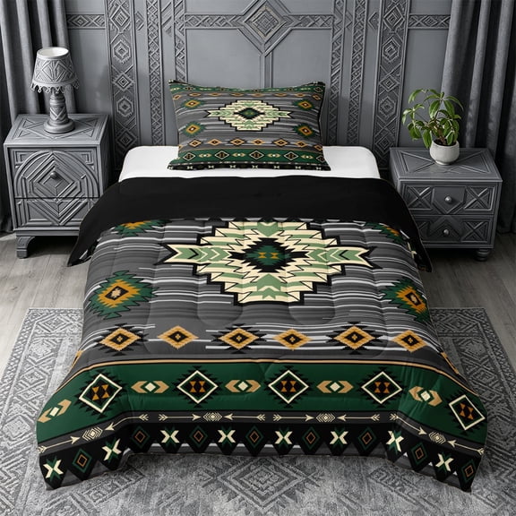 jejeloiu Bold Tribal Twin Comforter Sets,Southwest Print Bedding Set For Boys,Green Gray,Black Reversible,2pcs,1 Comforter and 1 Pillowcase