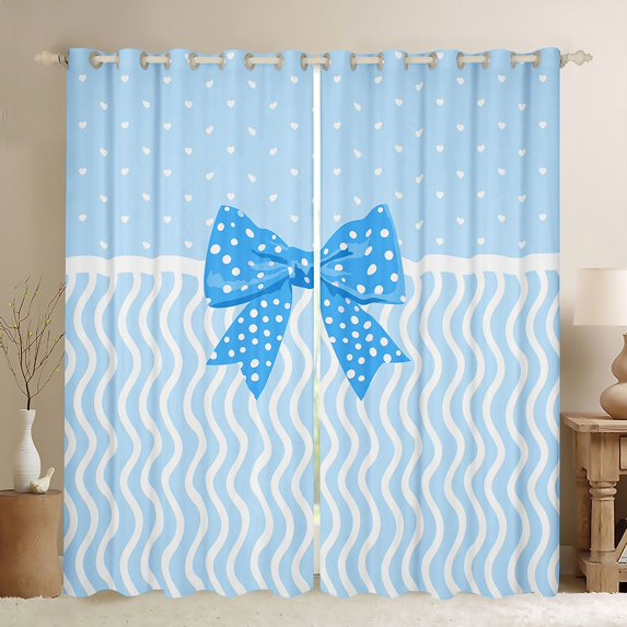 jejeloiu Bow Knot Pattern Black Out Curtains,Blue White Wave Stripe Curtains Pack of 2 (42x63 Each) For Teens