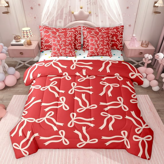 jejeloiu Bow Knot Ribbon 7-Piece Twin Bedding Sets,Pink Cartoon Bowtie Bedding Comforter Set For Girls Reversible