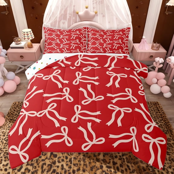 jejeloiu Bow Knot Ribbon Twin Comforter Sets,Pink Cartoon Bowtie Bedding Set For Girls Reversible 2pcs