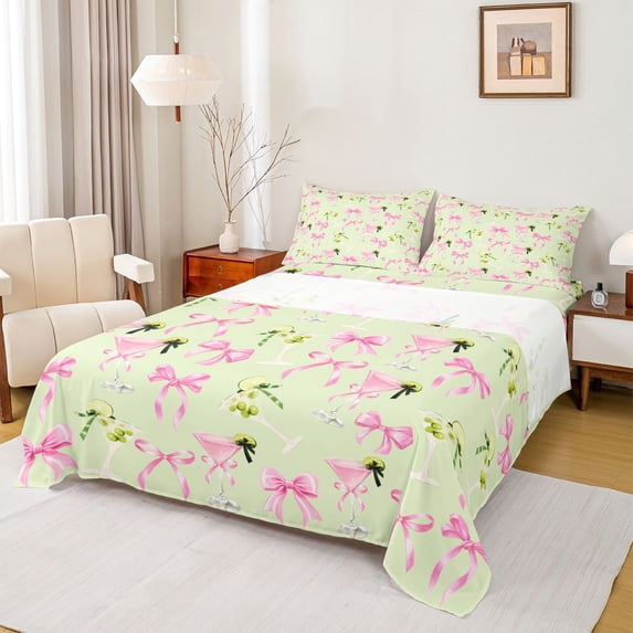 jejeloiu Bow Lemon Pink Queen 4-Piece Reversible Girls Luxury Ribbon Floral Sheet Set
