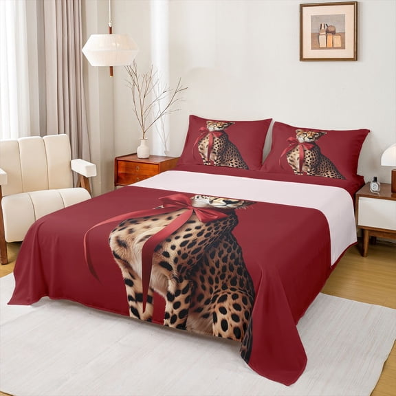 jejeloiu Bow Tie Ribbon Full Size Sheets,Safari Leopard Cheetah Bed Sheets,Red Brown Sheet Sets For Adult,Microfiber Bedroom Decor,4pcs