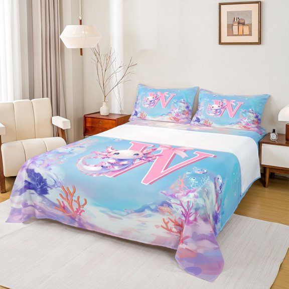 jejeloiu Bowknot Axolotl Gifts Full Size Sheets For Girls,Watercolor Ocean Monogrammed W Bed Sheets For Kids,4 Pieces