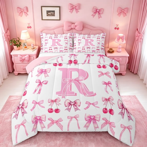 jejeloiu Bowknot Cherry Monogrammed R Full Size Comforter Sets For Girls,Pink Coquette Bow tie Alphabet Design Bedding Sets,Pink Reversible,3 Pieces