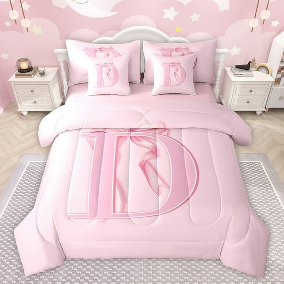 jejeloiu Bowknot Monogrammed D 7-Piece Bedding Comforter Set,Kawaii Bow Tie King Bedding Sets,Pink Cartoon Bowtie Bed Sheets For Girl Teens,Ultra Soft Bedroom Decor Reversible