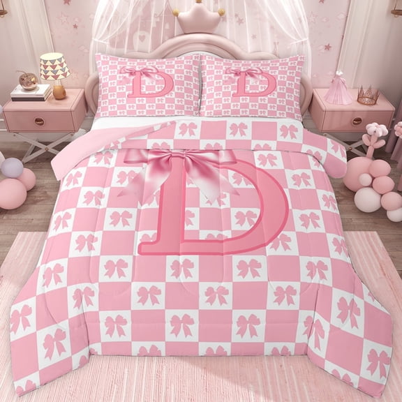 jejeloiu Bowknot Monogrammed D Twin Comforter Sets,Modern Geometric Checkered Bedding Set For Girls Teens Reversible 2pcs