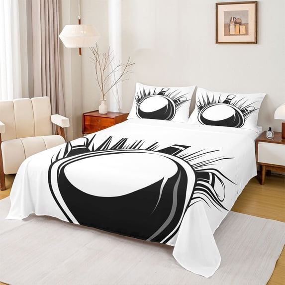 jejeloiu Bowling Game Bed Sheets,Sport Theme King Sheets,White Black Sheet Set For Boys Kids,Luxury Bedroom Decor,4-Piece