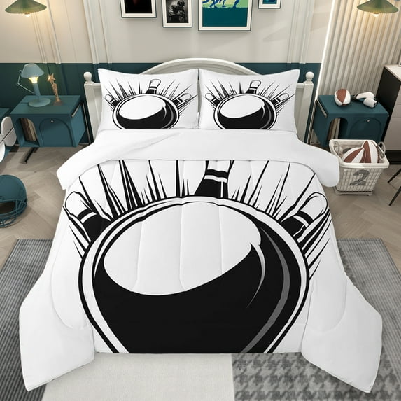 jejeloiu Bowling Game Queen Comforter Set,Sport Theme Bedding Sets,White Black Bedding Comforter Set For Boys Kids,Luxury Bedroom Decor,3pcs