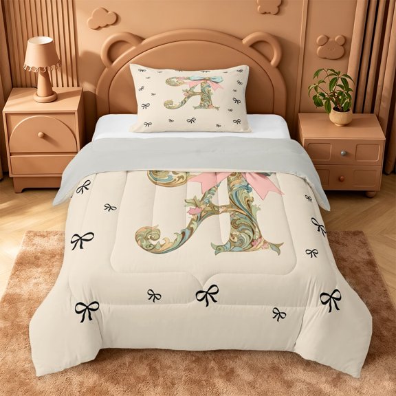 Catabedysis Bows ABC Print A Twin Comforter Sets For Girl,Personalized Monogrammed Gifts Bedding Set,Light Gray Reversible,2-Piece,1 Comforter and 1 Pillowcase
