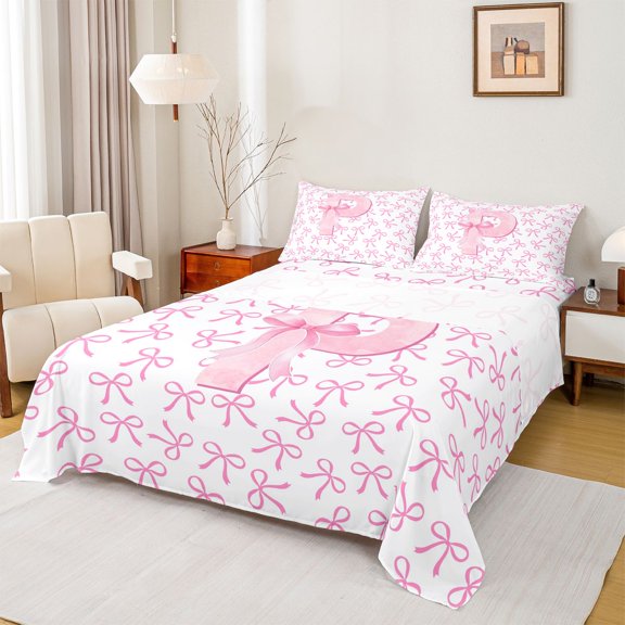 jejeloiu Bows Monogrammed P Full Size Sheets,Cartoon Pink Bows Bed Sheets For Girls Teens 4pcs