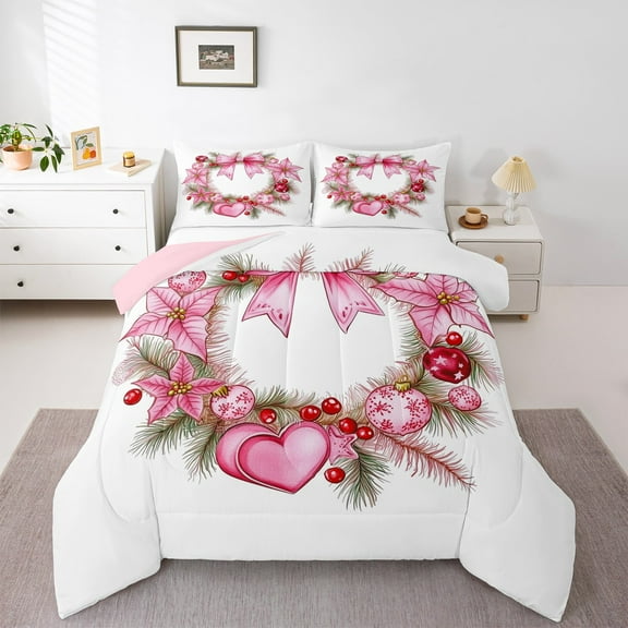 jejeloiu Bowtie Christmas Wreath Queen Comforter Set,Pink Heart Print Bedding Sets,Red Berry Pink Leaf Bedding Comforter Set For Princess,Ultra Soft Home Decor Reversible,3-Piece