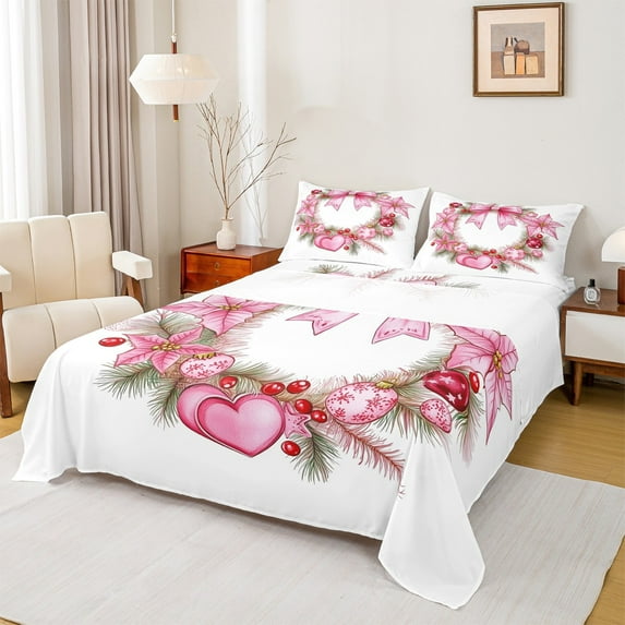 jejeloiu Bowtie Christmas Wreath Twin Sheet Sets,Pink Heart Print Twin Fitted Sheet,Red Berry Pink Leaf Flat Sheet For Princess,Ultra Soft Home Decor,3 Pieces