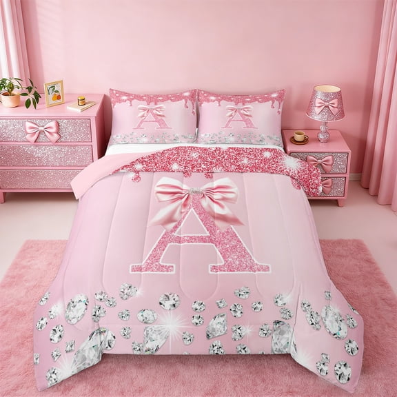 jejeloiu Bowtie Monogrammed A Bedding Comforter Set,Cute Girls Bowknot Twin Comforter Sets,Silver Diamond Bedding Set For Child,Microfiber Room Decorative Reversible,2pcs