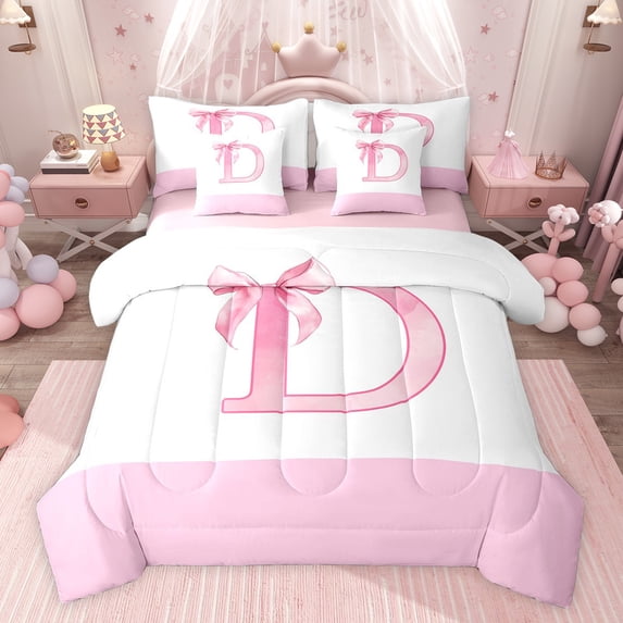 jejeloiu Bowtie Monogrammed D 7-Piece Bedding Comforter Set,Chic Bowknot Bow King Bedding Sets For Girls Teens Reversible