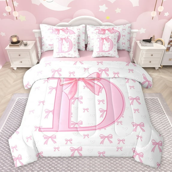 jejeloiu Bowtie Monogrammed D 7-Piece Bedding Comforter Set,Pink Bow Tie King Bedding Sets,Pink Ribbon Bowknot Bed Sheets For Girl Teens,Ultra Soft Bedroom Decor Reversible