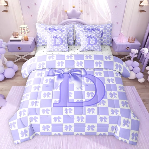 jejeloiu Bowtie Monogrammed D 7pcs Bedding Comforter Set,Bow Geometric Grid Queen Bedding Sets For Girls Teens Reversible