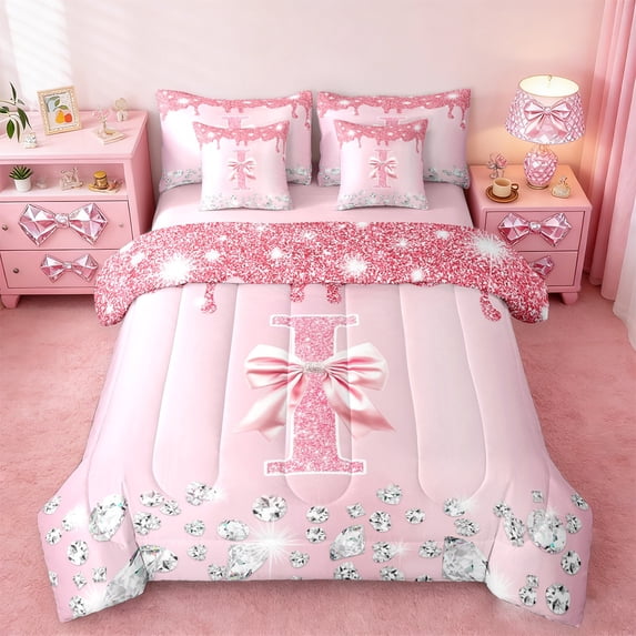 jejeloiu Bowtie Monogrammed I Twin Bedding Sets 7-Piece,Cute Girls Bowknot Bedding Comforter Set,Silver Diamond Sheet Sets For Child,Microfiber Room Decorative Reversible