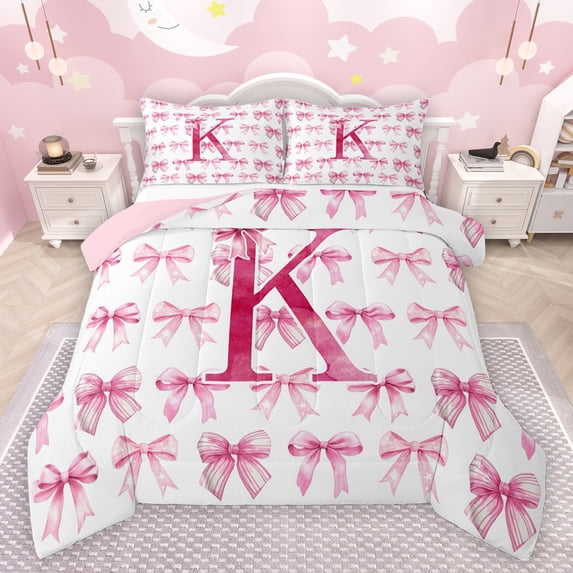 jejeloiu Bowtie Monogrammed K Bedding Comforter Set,Cartoon Bow Knot Twin Comforter Sets,Pink Kawaii Bowknot Bedding Set For Girl Teens,Ultra Soft Bedroom Decor Reversible,2-Piece