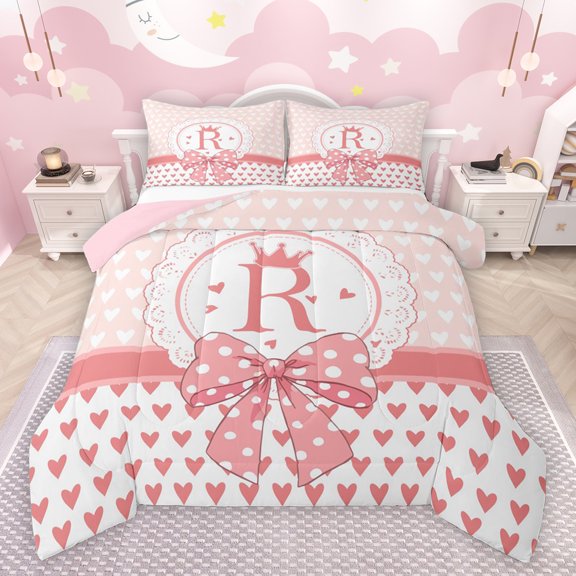 jejeloiu Bowtie Monogrammed R Queen Comforter Set,Lovely Polka Dots Bedding Sets,Pink Heart Print Bedding Comforter Set For Girl Teens,Ultra Soft Bedroom Decor Reversible,3pcs